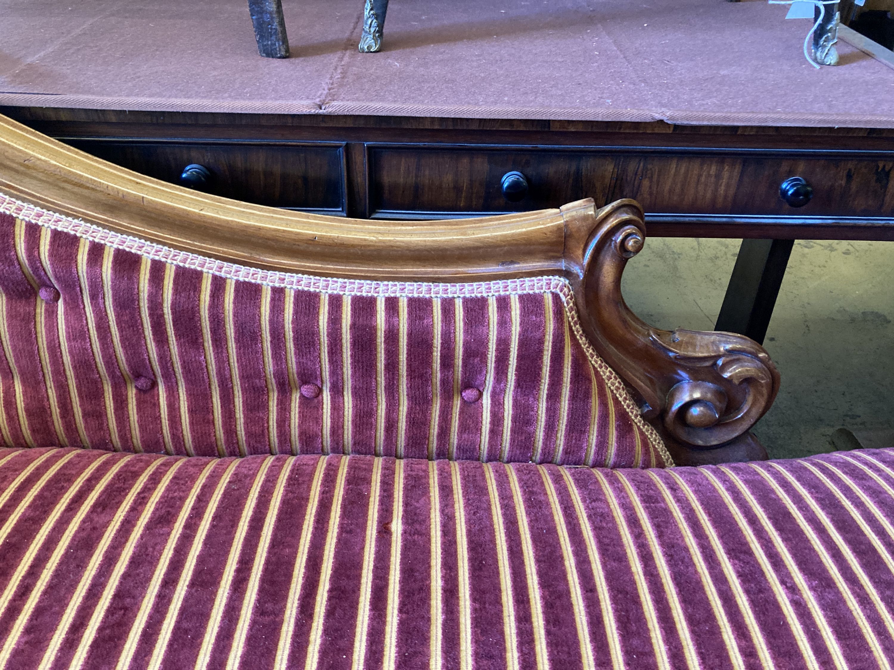 A Victorian carved walnut chaise longue, length 200cm, depth 74cm, height 88cm